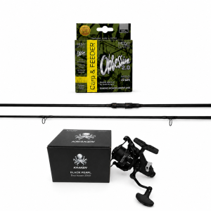 Carp Set Kraken Black Pearl Carp 11ft 3lbs 3-delig + Reel Kraken Free Runner 4500 Vrijloop + Lijn MegaBAITS OBSESSION 2.0 Carp & FEEDER 300 m 0.30 mm/10.90 kg camou/4-kleur licht