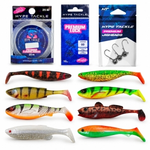 Premium Zander Kunstaasset | 16 Softbaits 7,5–12 cm + Jigkoppen, Fluorocarbon en Snaps